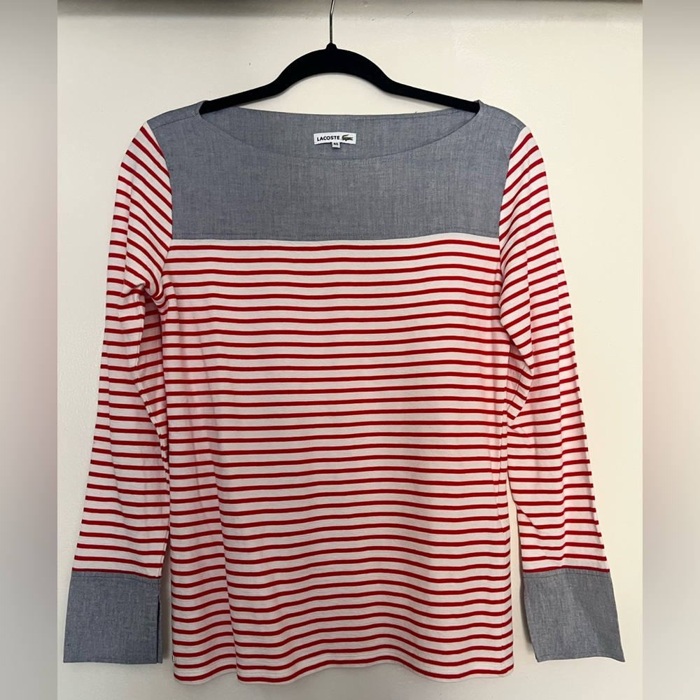 Lacoste Womens White Red Striped Long Sleeve Wide Neck Tshirt |